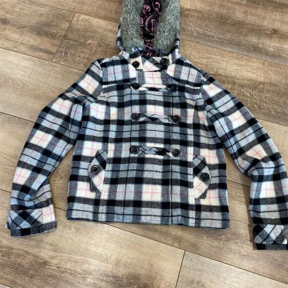PINK Victoria's Secret Women's Plaid Pea Coat Fur Hood Size M Multicolor vintage - Picture 1 of 9
